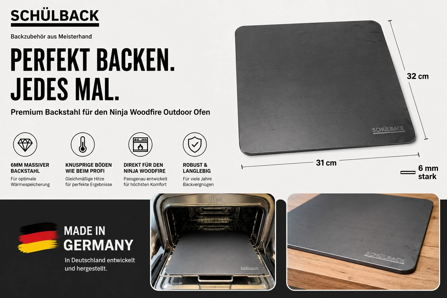 Produktübersicht: 31 mal 32 cm, 6 mm Stärke und Made in Germany