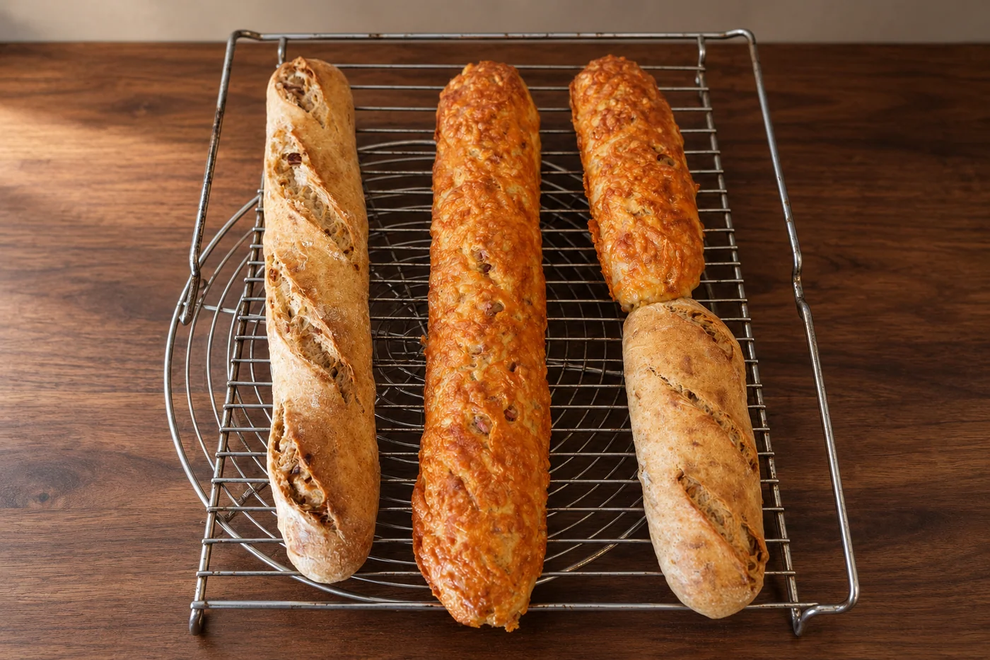 Selbst gebackene Röstzwiebel- und Schinken-Käse-Baguettes auf einem Gitter