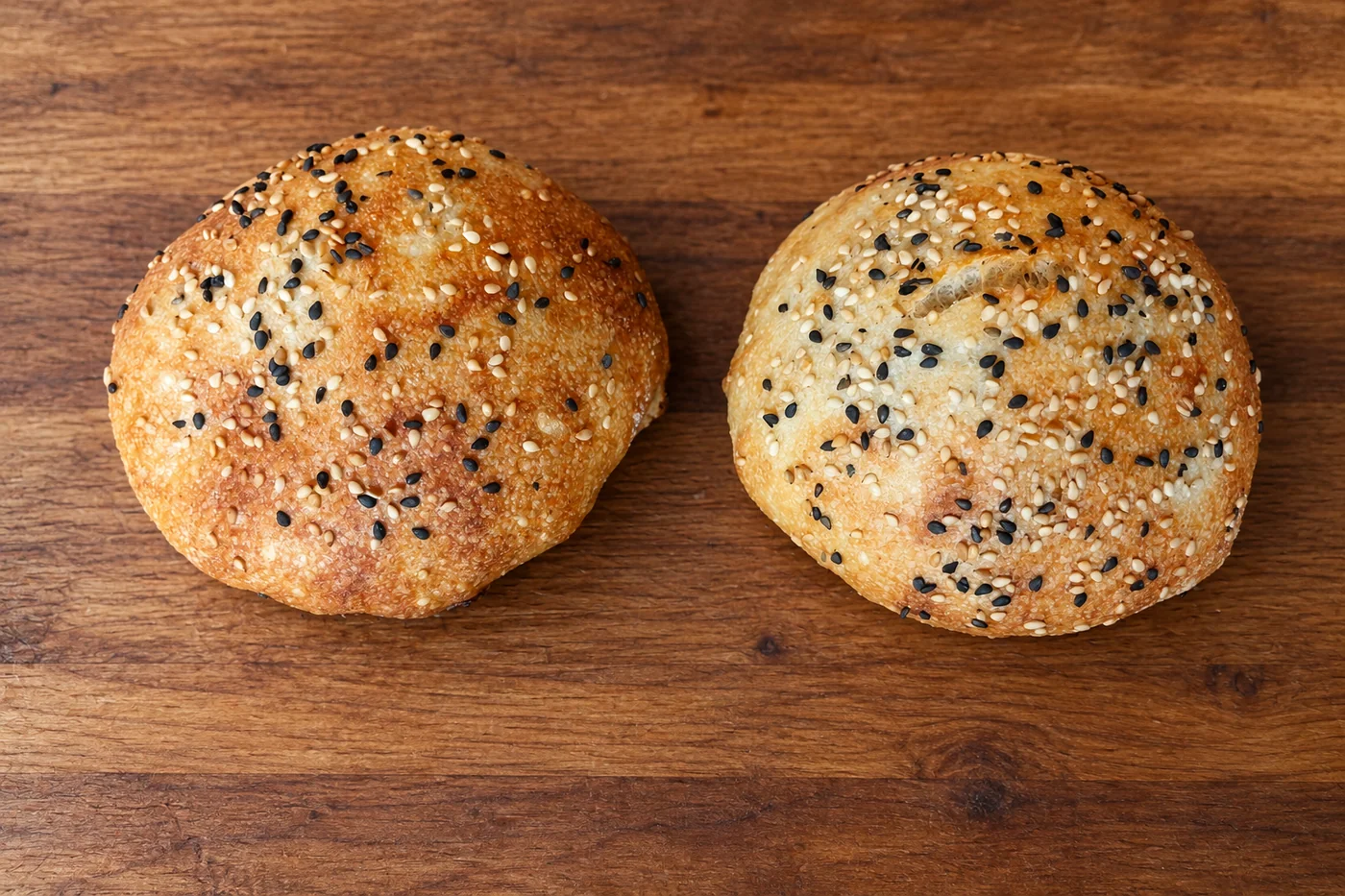 Zwei selbst gebackene Ciabatta-Burgerbrötchen mit hellem und dunklem Sesam