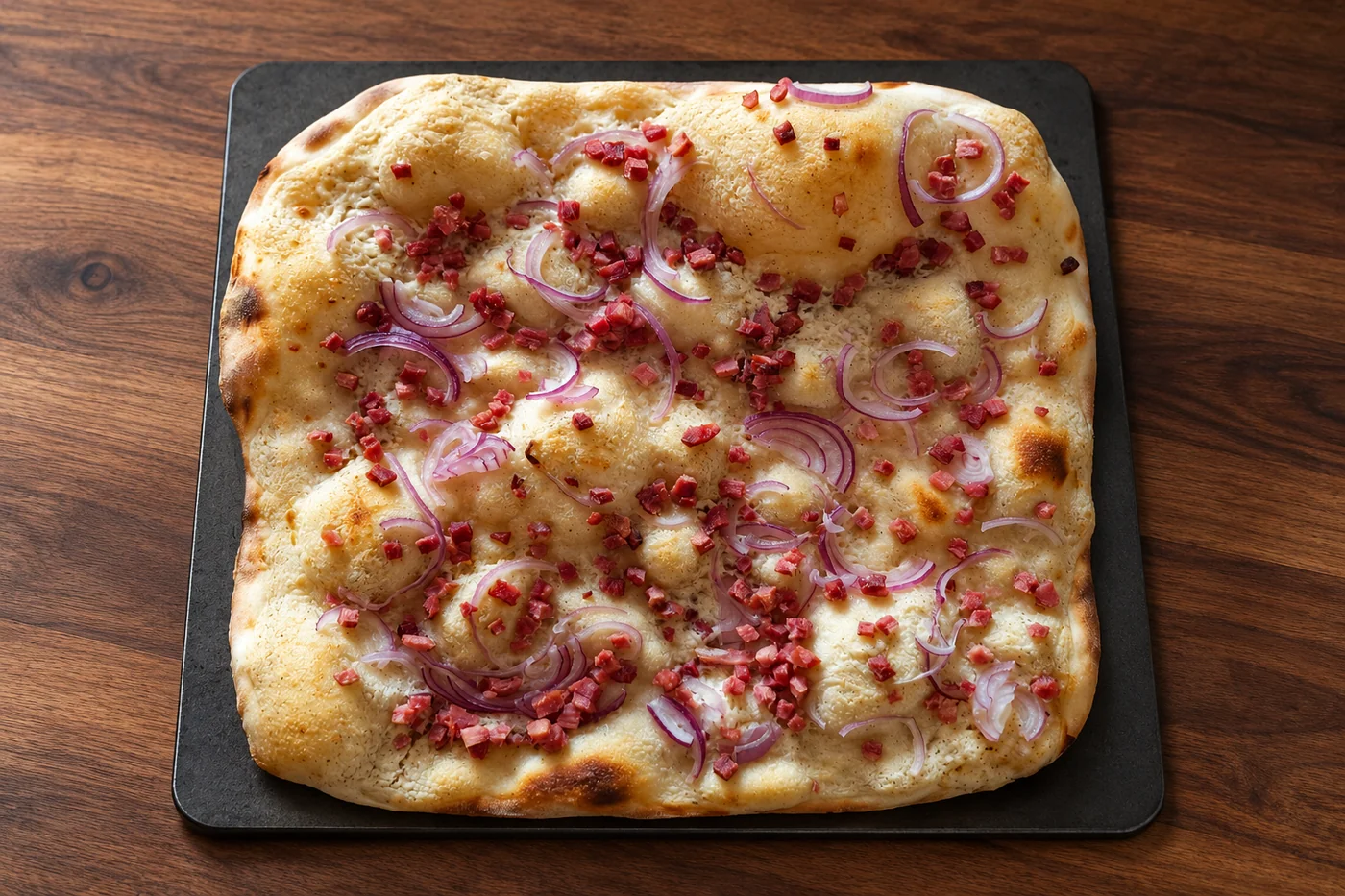 Herzhafter Flammkuchen mit Schinken und roten Zwiebeln auf dem Schülback-Backstahl
